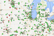 Google map of the Midwest and Great Lakes region showing colored geographic markers in red and green scattered across states including Illinois, Iowa, Indiana, Michigan, and Wisconsin.