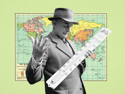 Editorial collage of a black-and-white man in a hat holding a large thermometer in front of a vintage colorful world map on a green background.