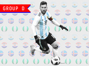 Editorial illustration of a soccer player in Argentina kit dribbling a ball, labeled Group D, with flag-themed soccer balls in the background representing the group's four nations.