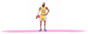Editorial illustration of a basketball player wearing a yellow Lakers jersey number 23 holding a basketball, standing on a pink surface.