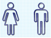 Blue outline icons of a female and male figure on a grid paper background, representing gender symbols.