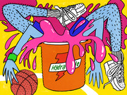 Colorful editorial cartoon showing a basketball player being absorbed into a Hydra sports drink cooler on a yellow court background.