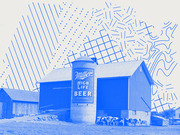 Blue-tinted editorial illustration of a farm barn with a Miller High Life Beer silo, cows in foreground, and abstract data-visualization patterns in the background.