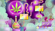 Colorful editorial illustration showing a cannabis leaf in a bubble connected to psychedelic lab equipment with THC percentage displays of 9.6% and 21%.