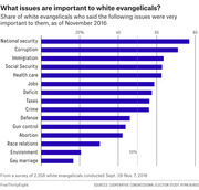 Horizontal bar chart showing the share of white evangelicals who rated various issues as very important as of November 2016, with national security ranking highest and gay marriage lowest.