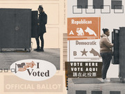 Editorial collage combining photos of voters at polling booths with voting-themed graphics including an I Voted sticker, Republican and Democratic ballot labels, and multilingual Vote Here signs.