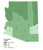 Choropleth map of Arizona counties showing Ron Paul's vote share in 2008, with counties shaded by percentage and labeled with numeric values.
