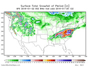 GFS model forecast map of surface total snowfall in inches across the US for the period ending 2016-01-25 12Z, showing heavy snowfall in the Mid-Atlantic region.