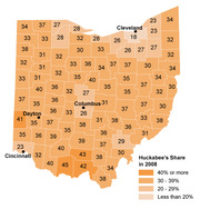 Choropleth map of Ohio counties showing Mike Huckabee's vote share in the 2008 Republican primary, with each county labeled by percentage and shaded by range.
