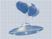 Blue-toned editorial illustration of a flying saucer UFO lifted by a bunch of balloons against a grid paper background.
