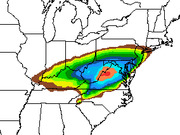 Color-coded weather forecast map showing precipitation or storm probability across the eastern United States, with a gradient from green to red indicating intensity.