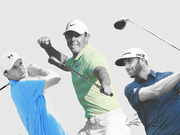 Composite editorial illustration of three professional golfers mid-swing, with the center figure in color and the flanking two in black and white.