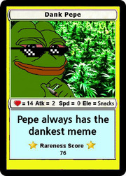 A parody trading card featuring Pepe the Frog wearing sunglasses, titled Dank Pepe, with mock stats and a rareness score of 76.