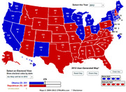 US electoral college map for 2012 showing states colored blue for Obama and red for Republican with electoral vote counts, showing Obama 251, Republican 287.