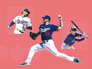 Editorial collage illustration of three Los Angeles Dodgers baseball players on a pink background with grid patterns.