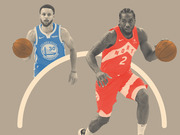 Editorial illustration showing two NBA players, Stephen Curry in a Golden State Warriors jersey and Kawhi Leonard in a Toronto Raptors jersey, with decorative arc shapes in the background.