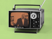 Editorial illustration of a vintage Sony portable TV displaying an orange-tinted image of Joe Biden at a campaign event, set against a green background.