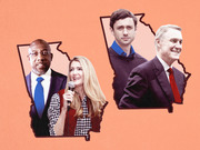 Editorial illustration showing four Georgia Senate runoff candidates placed within Georgia state outlines on an orange background.