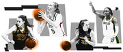 Editorial collage illustration of four women's college basketball players from Iowa, UConn, Michigan, and Baylor with stylized orange basketballs.