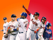 Editorial illustration showing Houston Astros and Atlanta Braves baseball players posed against an orange and red split background for a World Series preview.