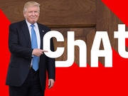 Editorial graphic showing Donald Trump pointing at large white text reading 'chat' on a red background, used as a promotional image for a FiveThirtyEight chat feature.