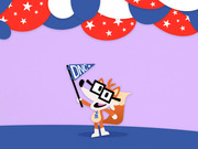 Cartoon fox mascot wearing glasses and a press badge holds a DNC pennant flag under red, white, and blue star-spangled bunting decorations.
