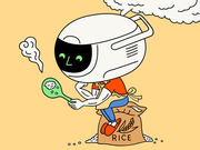 Cartoon illustration of a cheerful robot with a rice cooker for a head, holding a rice paddle and sitting on a sack of rice.