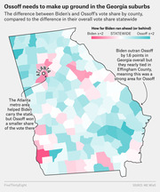 Choropleth map of Georgia counties showing the difference between Biden's and Ossoff's vote share relative to their statewide difference, with pink indicating Biden ran ahead and teal indicating Ossoff ran ahead.