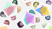 Decorative editorial collage showing colorful pentagon radar chart shapes scattered among illustrated and photographic heads of political figures including Bernie Sanders, Kamala Harris, and Elizabeth Warren.