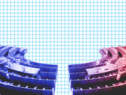 Editorial illustration of an empty legislative chamber or lecture hall with seats colored blue on the left and red on the right, set against a grid background.