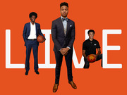 Editorial illustration of three NBA draft prospects in suits holding Spalding basketballs against an orange background with the word LIVE in large white letters.