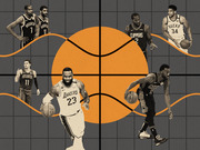 Editorial illustration featuring NBA players including LeBron James, Kevin Durant, Kyrie Irving, Kawhi Leonard, Giannis Antetokounmpo, and Trae Young arranged around a large basketball graphic.