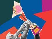 Editorial collage illustration showing multiple hands raising a illustrated WWC trophy with a pink soccer ball on top against a colorful geometric background.