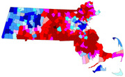 Choropleth map of Massachusetts showing election results by town, colored in shades of blue and red indicating Democratic and Republican voting patterns.