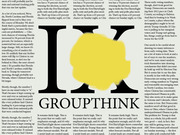Large bold letters IX with a yellow splatter shape overlaid, above the word GROUPTHINK in large black type, used as editorial illustration.