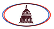 Illustrated logo of the U.S. Capitol building inside a red and blue oval border, rendered in a dark brown stamp-like style.