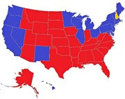 US electoral map showing states colored red, blue, or yellow, likely depicting a presidential election result or forecast.