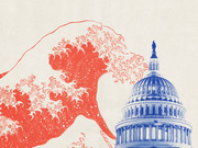 Editorial illustration combining a red Hokusai-style wave with a blue US Capitol dome, suggesting a political wave election.