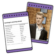 Two illustrated cards showing Ken Jennings's Jeopardy winning streak statistics alongside a photo of Jennings.