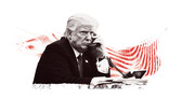 Editorial illustration of a man in a suit talking on a telephone at a desk, with a distressed American flag graphic in the background.