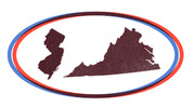 Oval sticker-style illustration showing silhouettes of New Jersey and Virginia inside a red and blue bordered ellipse.