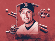 Editorial illustration of a Boston Red Sox baseball player depicted in a Hall of Fame plaque style with crossed bats, baseballs, and laurel leaves on a red background.