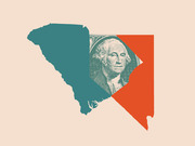 Editorial illustration showing silhouettes of South Carolina and Nevada overlapping with a dollar bill featuring George Washington in the center.