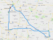 Google Maps screenshot showing a driving route connecting five Los Angeles area sports venues: Dodger Stadium, STAPLES Center, LA Memorial Coliseum, StubHub Center, and Honda Center in Anaheim.
