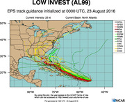 EPS track guidance map for Low Invest AL99 initialized at 0000 UTC 23 August 2016, showing multiple model forecast tracks across the North Atlantic and eastern US.