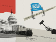 Editorial collage featuring the US Capitol building, a Medicare for All sign, a gavel, and references to various public laws including the ACA.
