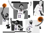 Editorial collage illustration of five Kansas Jayhawks basketball players in black-and-white with orange-glowing basketballs as decorative accents.