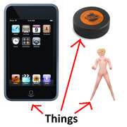 Editorial illustration showing an iPod Touch, a hockey puck, and a novelty doll labeled Things with red arrows pointing to each object.