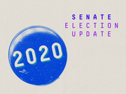 Editorial illustration showing a blue 2020 campaign button alongside the text Senate Election Update on a beige textured background.