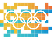 Stylized pixel-art illustration of the Olympic rings rendered in colorful square tiles of yellow, teal, orange, and blue.
